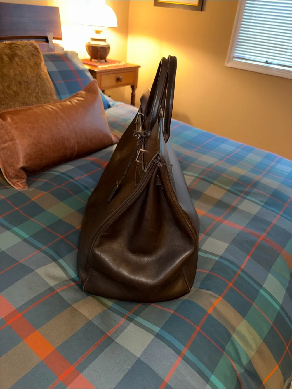 Brown Leather Tote Bag with Silver Hardware